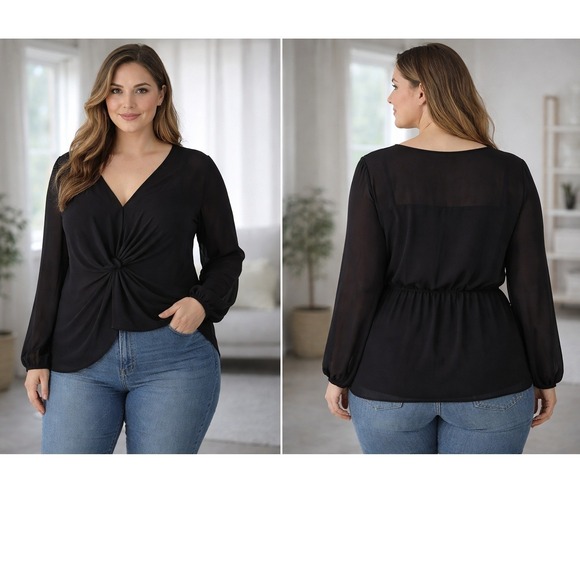 City Chic Tops - City Chic Twist Front Blouse Women XS/14 Black Dark Romantic Professional Top‎